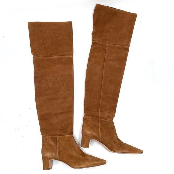 Reformation Reiss Over The Knee Boots Brown Suede Block Heel Pull On Sz 9.5